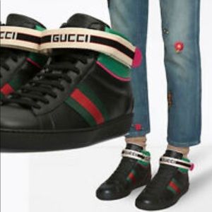 「SOLD」NEW GUCCI ACE HIGH BLACK LEATHER RED GREEN WEB LOGO STRIPE-MEN SZ 6/W SZ 9